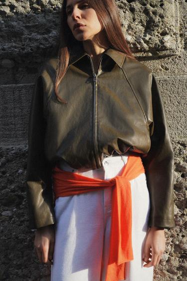 LEATHER EFFECT BOMBER JACKET - Khaki by Zara