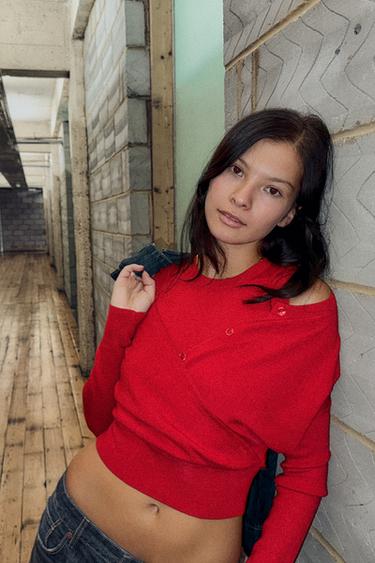 DOUBLE LAYER KNIT CARDIGAN JUMPER - Red by Zara - Image 2