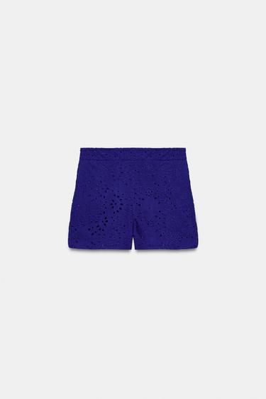 QUẦN SHORT BERMUDA THÊU ĐỤC LỖ - Màu xanh cô ban từ Zara