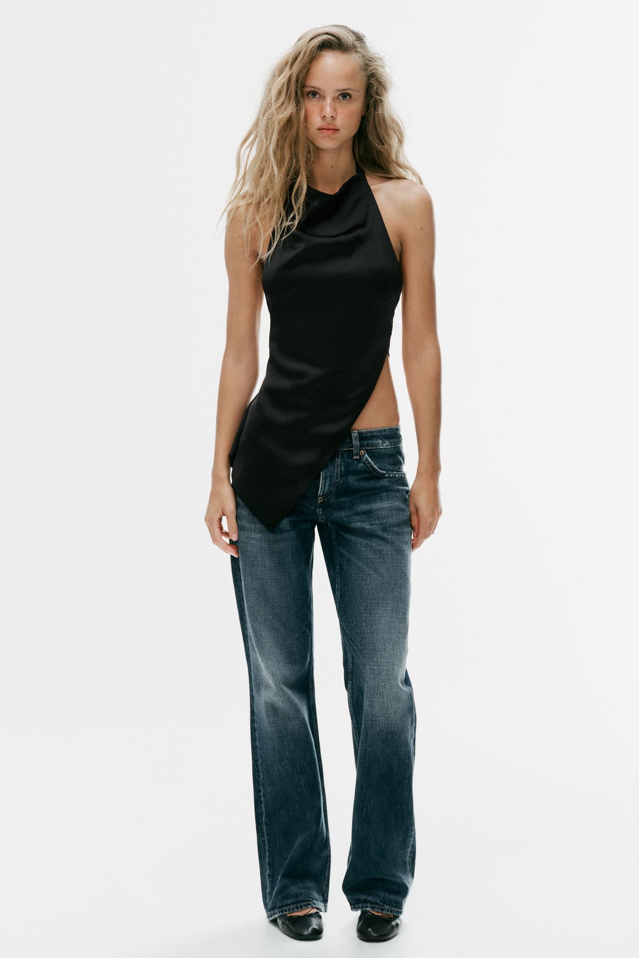 ASYMMETRIC SATIN HALTER TOP — Black