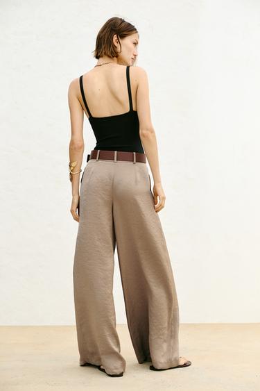 BELTED WIDE-LEG SATIN TROUSERS - Brown / Taupe by Zara - Image 4