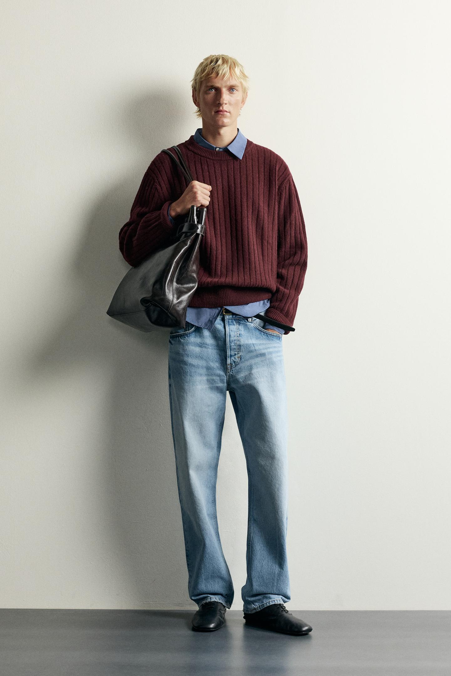 Мужской свитер Zara 100% Wool Ribbed, цвет: Бордовый