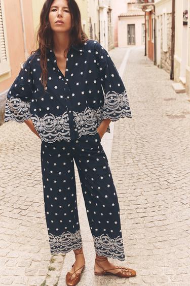 Zara EMBROIDERED SHIRT - Blue / White - Image 0