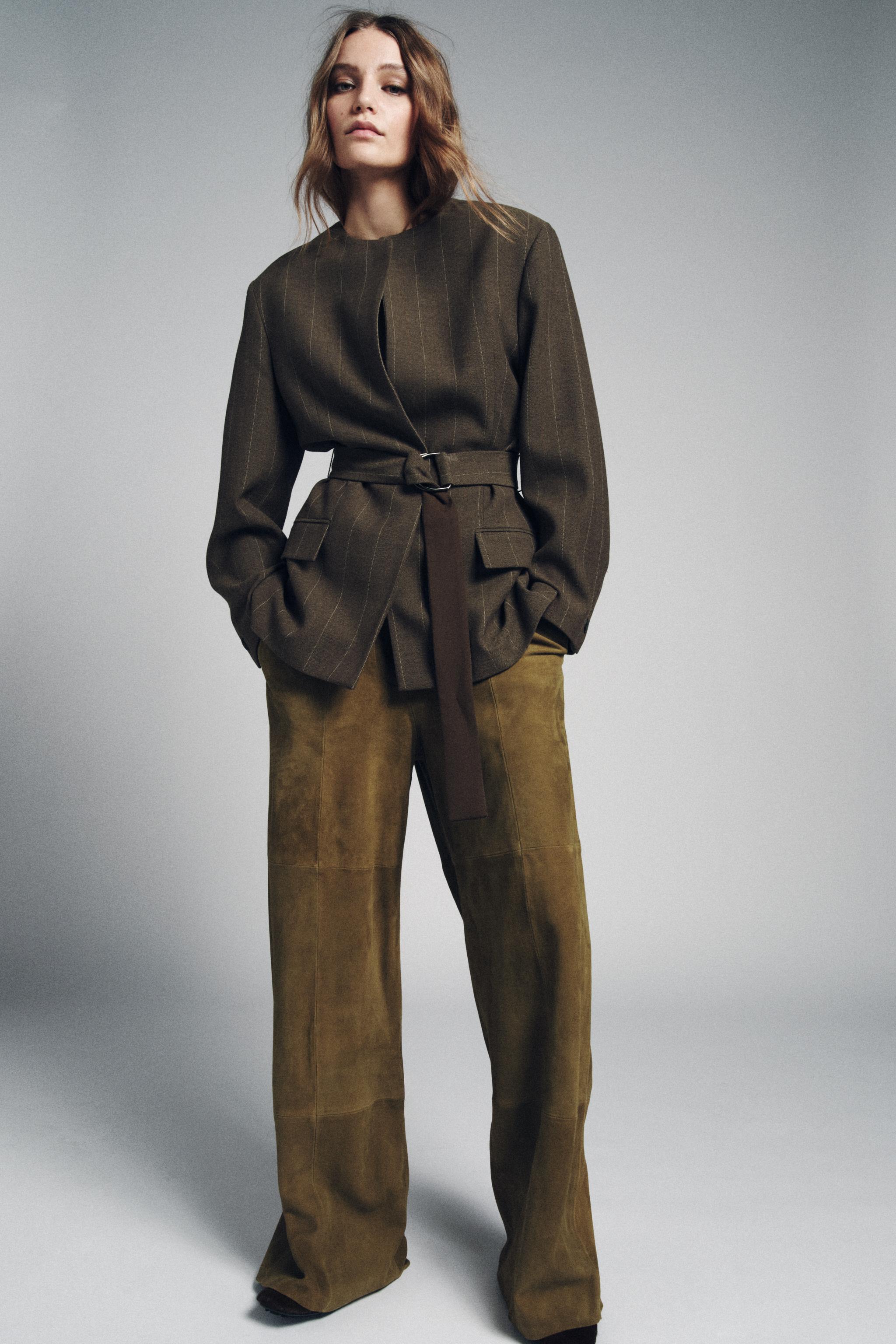 ZWコレクション ベルト付きブレザー　S ストライプ柄ベルトブレザーZW COLLECTION - カーキ | ZARA Japan / 日本