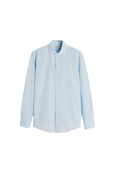 Light blue dress shirt with white buttons and classic collar, front view on white background.
