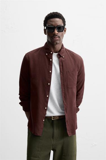 COTTON - LINEN SHIRT - Burgundy by Zara