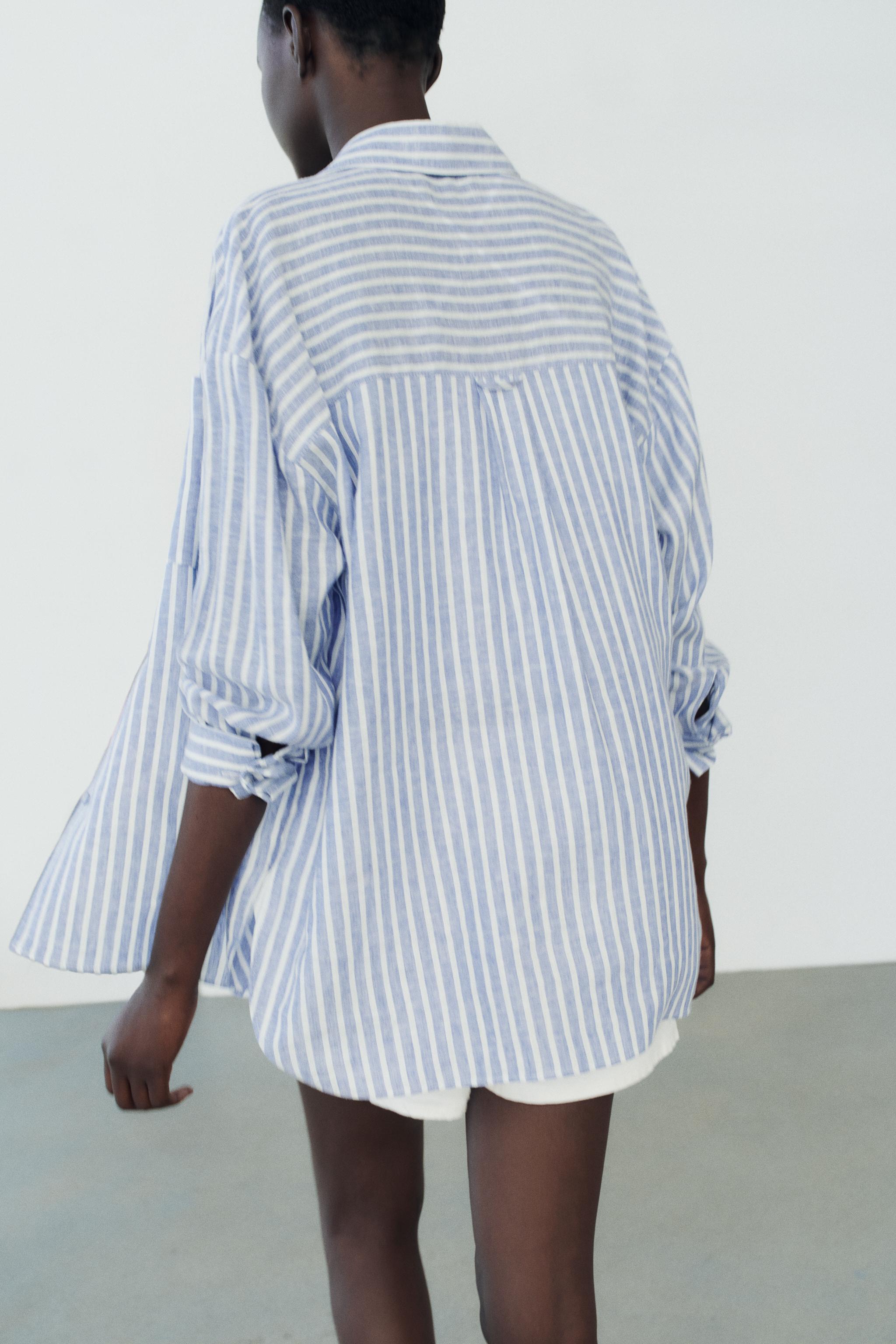 OVERSIZED LINEN BLEND STRIPED SHIRT - Blue / White | ZARA