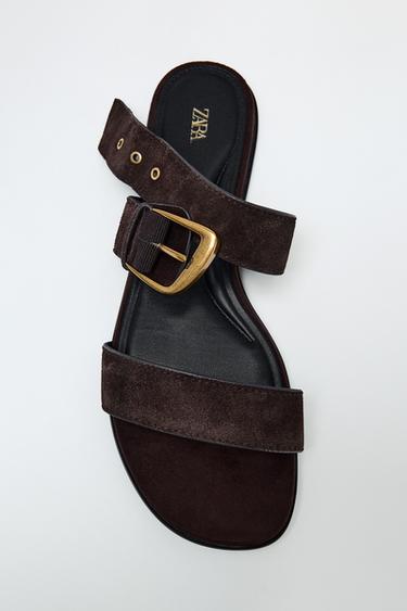 Zara SUEDE BUCKLE SANDALS - Brown