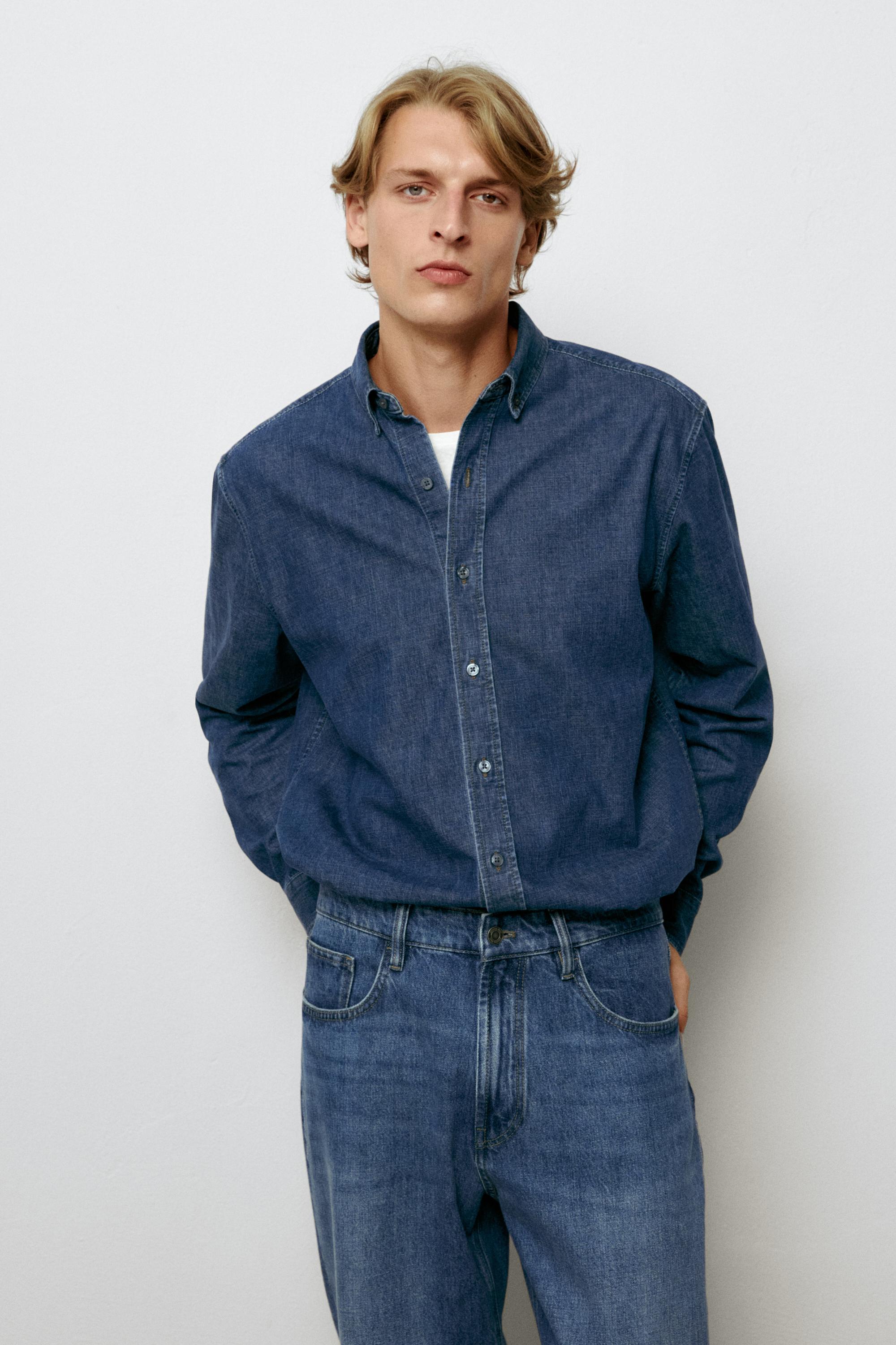 100% Cotton Regular Fit Denim Shirt — Mid-blue