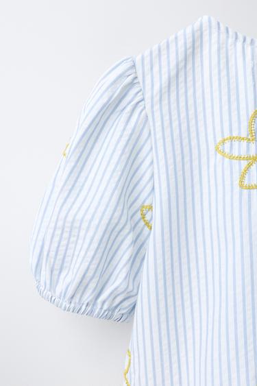 STRIPED BLOUSE WITH EMBROIDERED DETAIL - White / Navy by Zara - Image 3