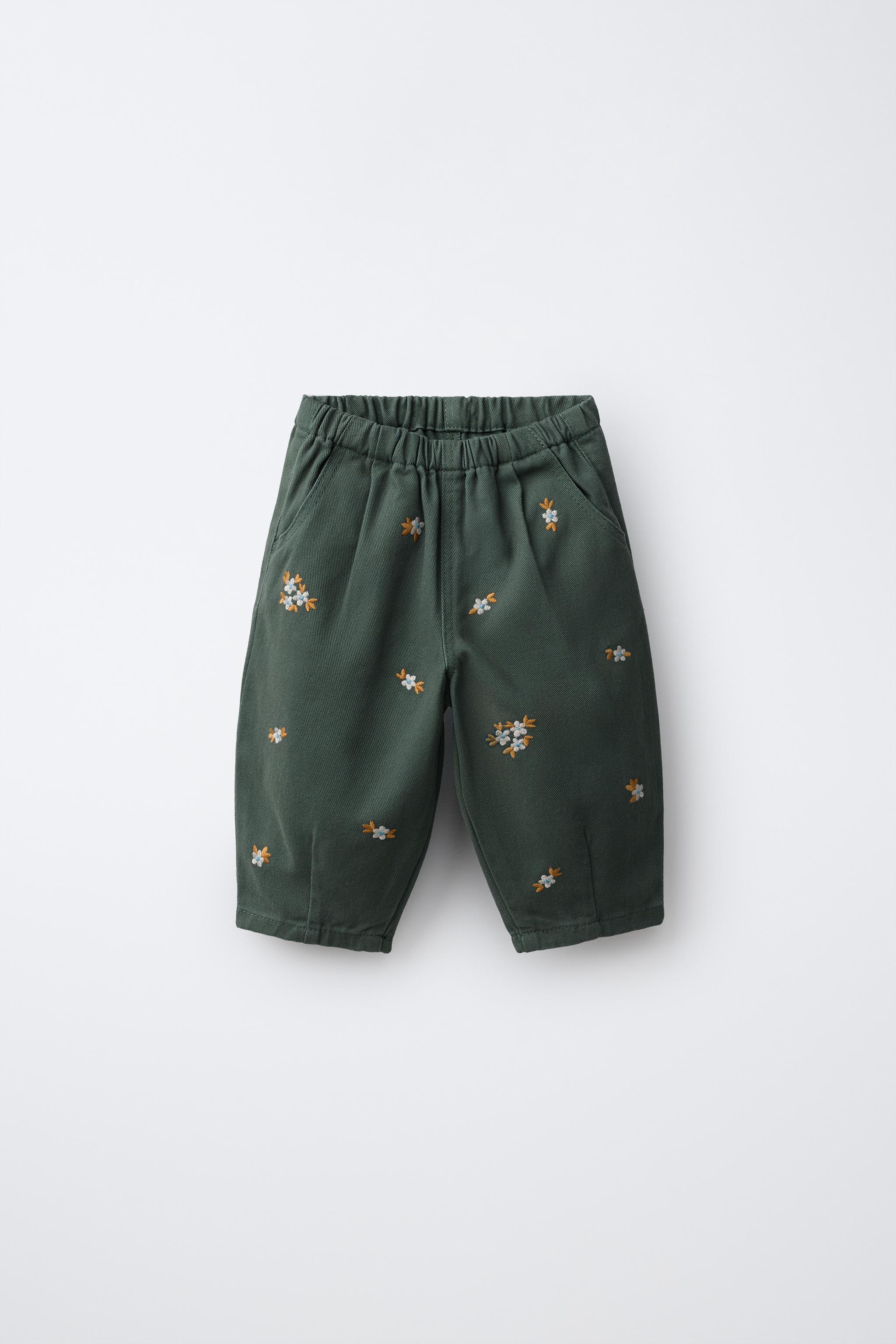 FLORAL EMBROIDERED TWILL PANTS — Mid-green