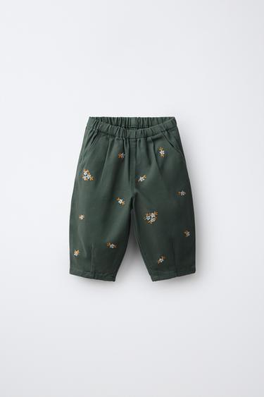 FLORAL EMBROIDERED TWILL PANTS — Mid-green 1