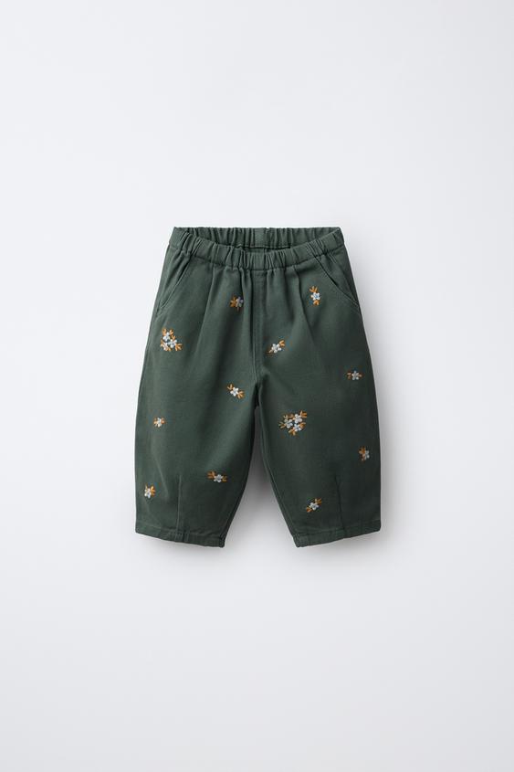 PANTALON EN SERGE BRODÉ DE FLEURS - Vert moyen de Zara - Image 0
