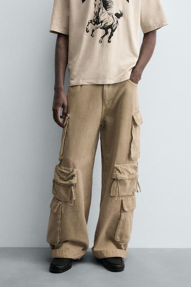Zara DENIM CARGO PANTS WITH POCKETS - taupe brown