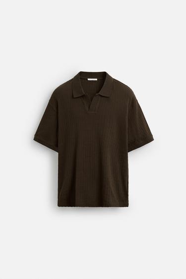 Zara RIB TEXTURED POLO SHIRT - Brown