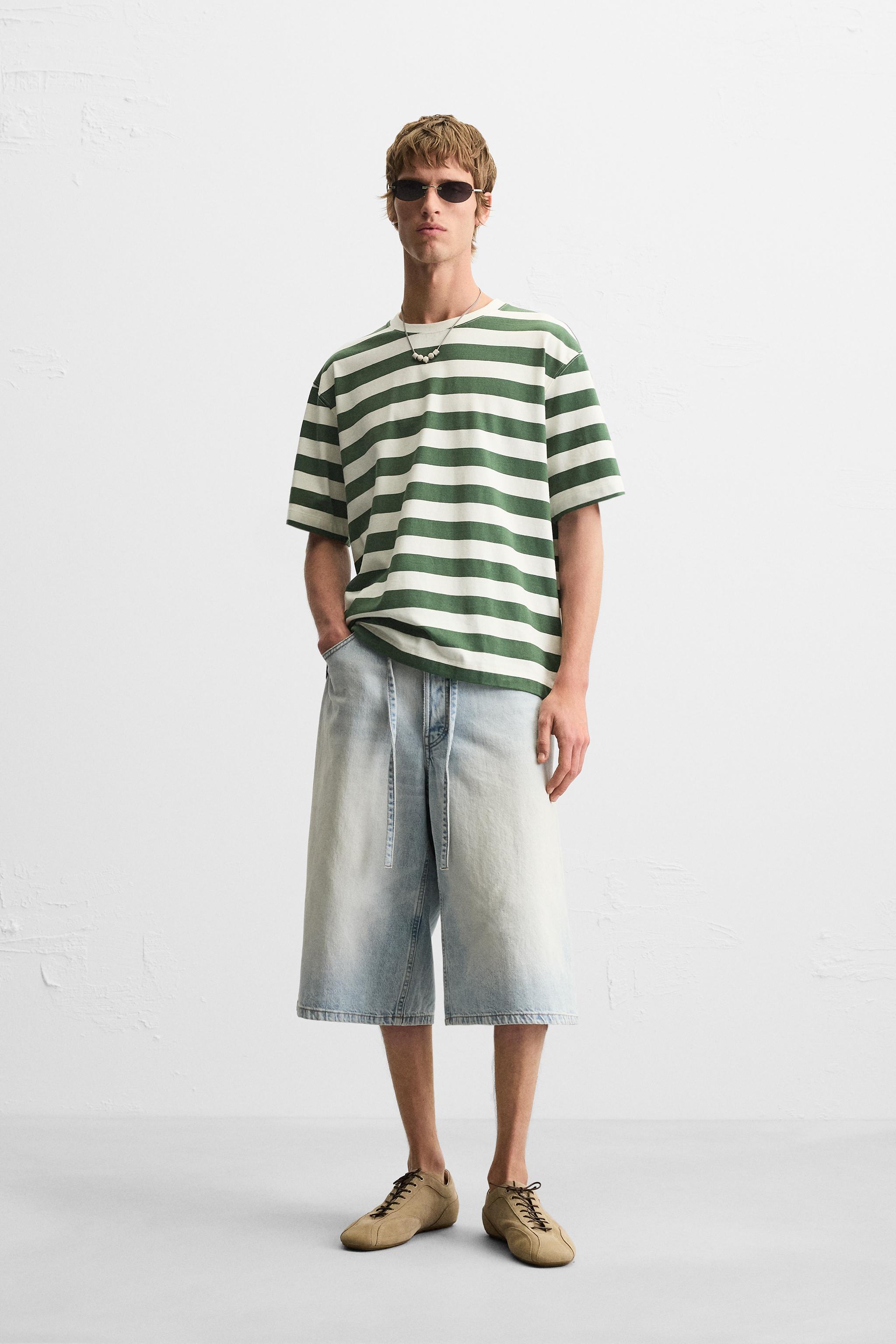 STRIPED JACQUARD T-SHIRT - White / Green | ZARA United States