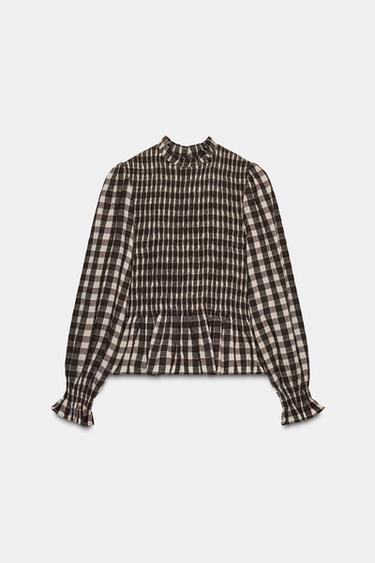 Zara PLAID SMOCKED SHIRT - Brown / Ecru