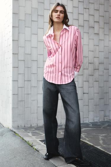 OVERSIZE STRIPED SHIRT WITH CONTRAST CUFFS - Pink / White by Zara