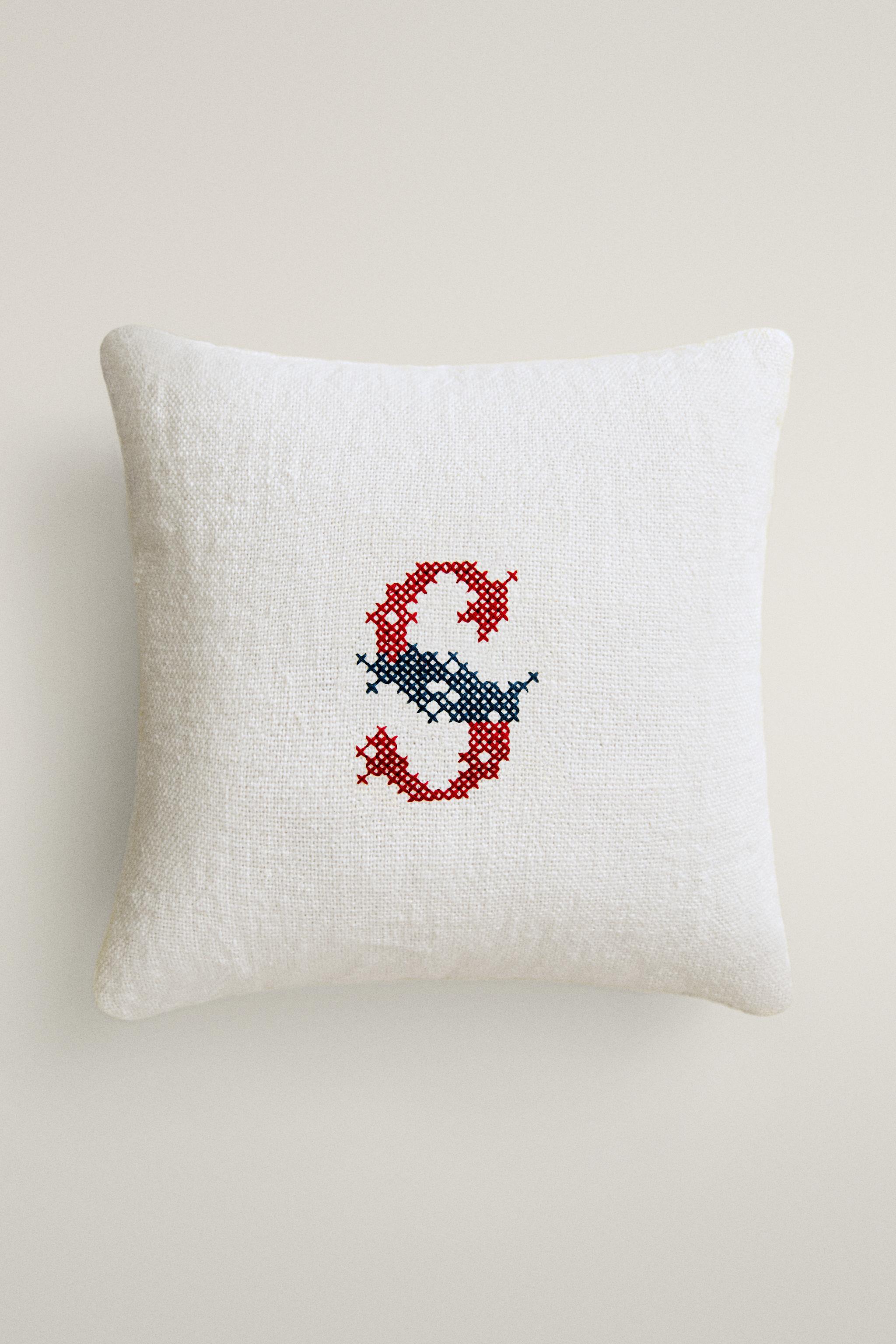 LETTER S EMBROIDERED LINEN CUSHION — Ecru