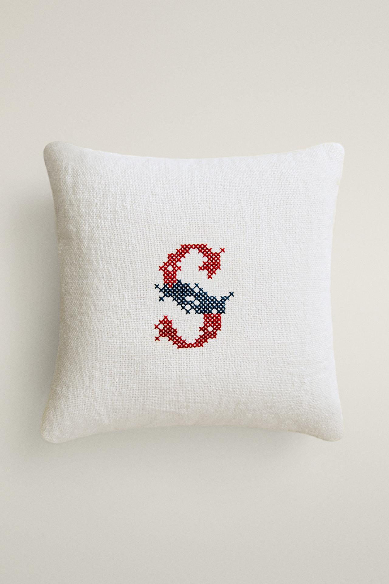 LETTER S EMBROIDERED LINEN CUSHION — Ecru