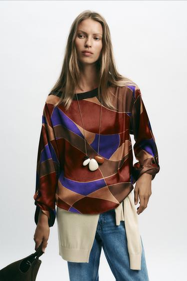 Zara PRINTED SATIN SHIRT - Multicolored