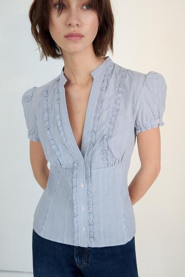 Zara RUFFLED POPLIN SHIRT - Blue / White