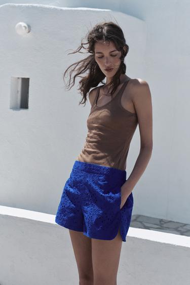 EMBROIDERED PERFORATED BERMUDA SHORTS - Cobalt by Zara