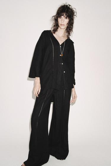 ZW COLLECTION 100% LINEN PALAZZO TROUSERS - Black by Zara