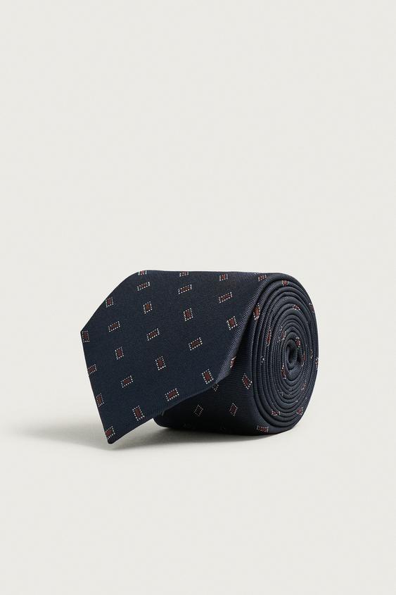 100% SILK GEOMETRIC JACQUARD TIE - Navy blue by Zara - Image 0