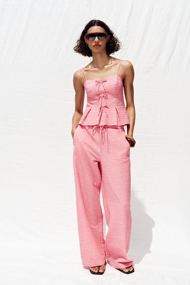Zara STRIPED WIDE LEG PANTS - Pink