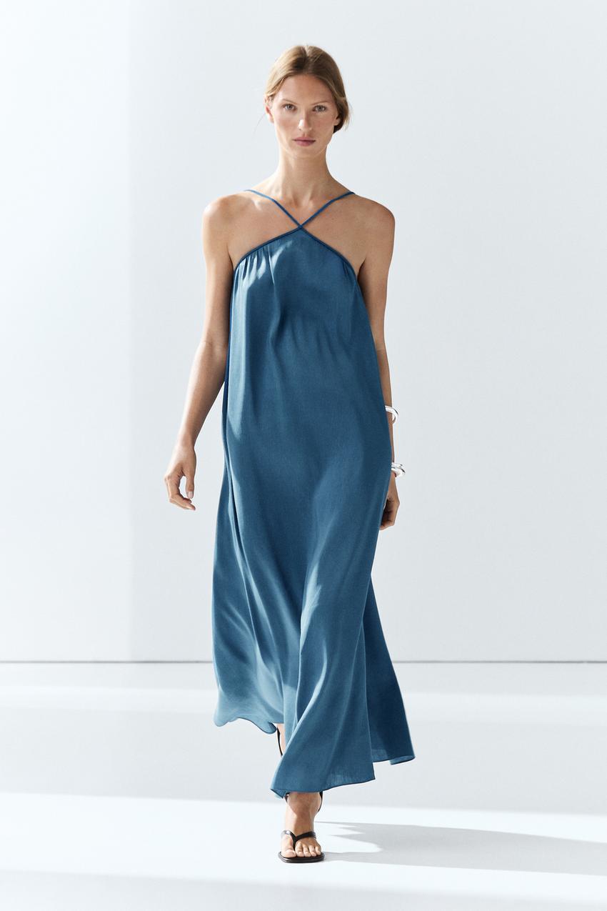 zara long dress blue ZARA Blue Satin Long Dress