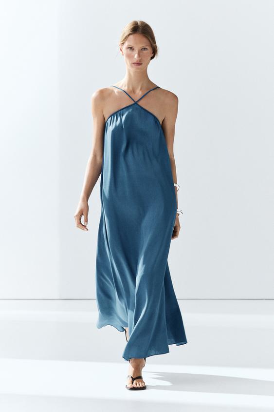 Long flowing dress with criss-cross straps - Blue | ZARA United States