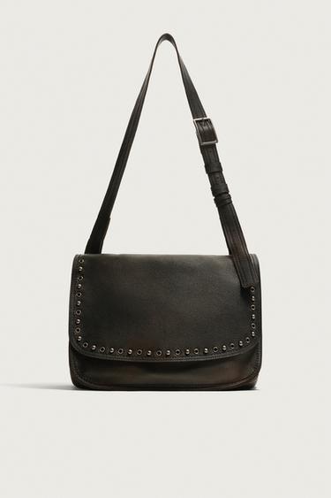 Zara STUDDED LEATHER CROSSBODY BAG - Black