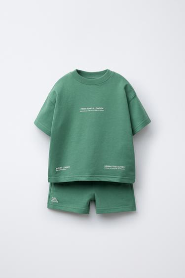 Zara TEXT T-SHIRT AND BERMUDA JOGGING SET - Green