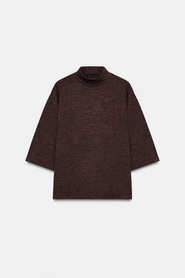 HIGH NECK PIQUÉ T-SHIRT - Dark brown by Zara