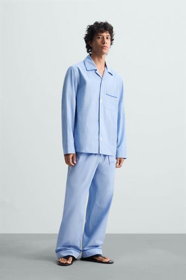 PANTALÓN PIJAMA CONTRASTE - Celeste de Zara - Imagen 0