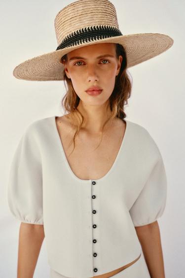 Zara PUFF SLEEVE KNIT CARDIGAN - Stone