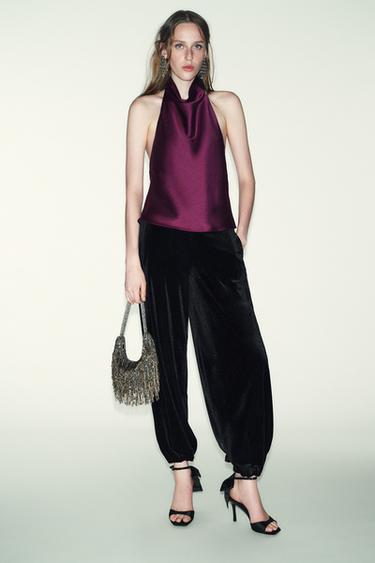 Zara SATIN EFFECT HALTER TOP - Burgundy