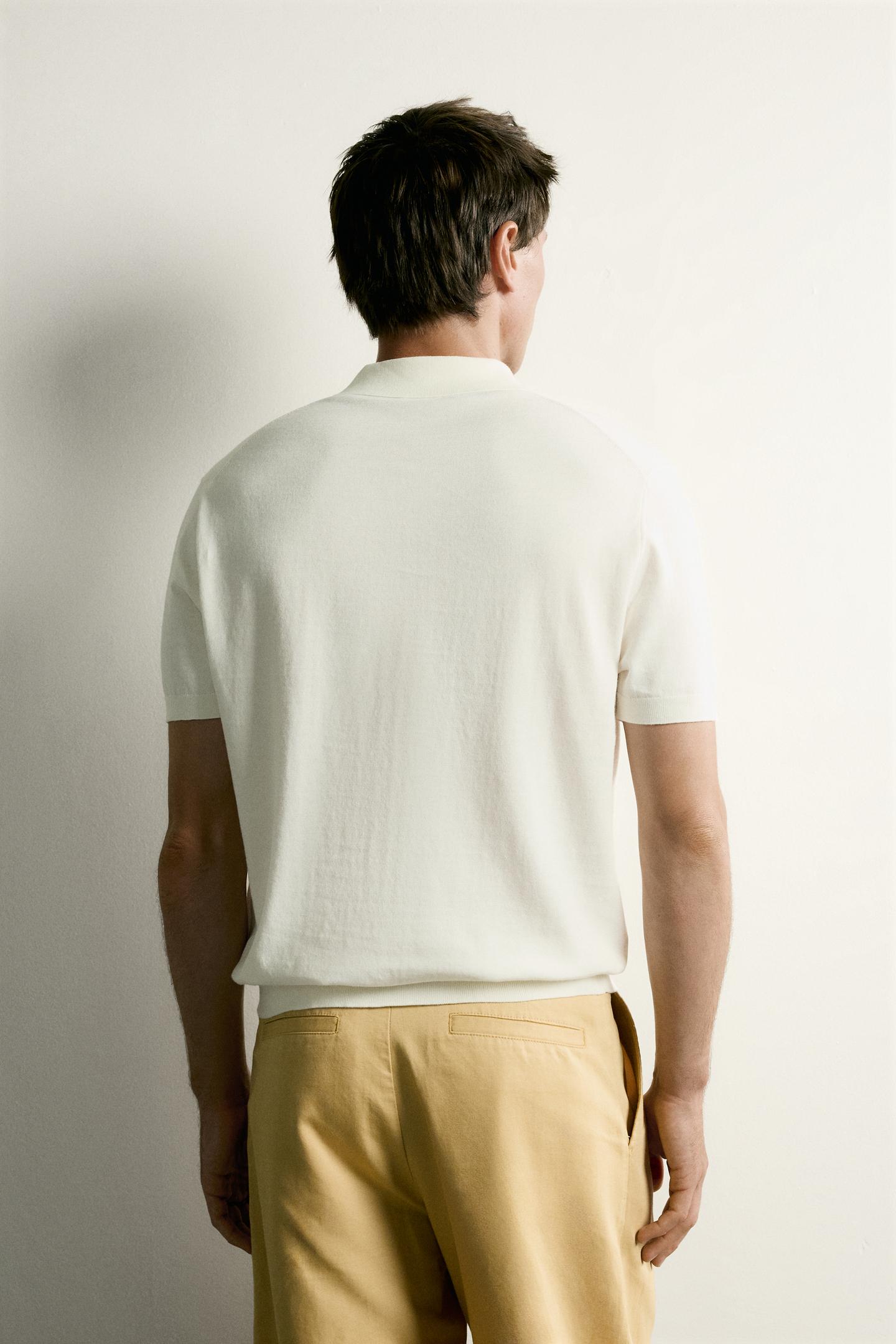 Мужское поло Zara Regular Fit Knit Polo Shirt, цвет: Экрю — фото 3