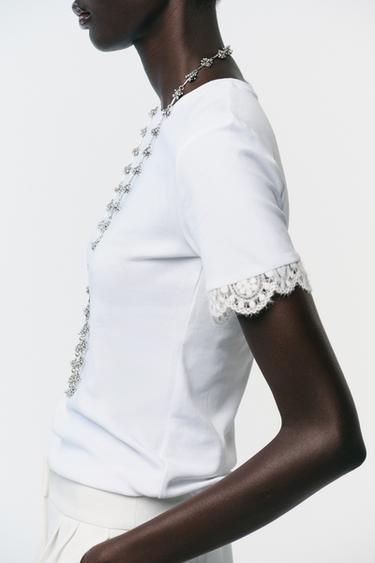 LACE SLEEVE T-SHIRT - White by Zara