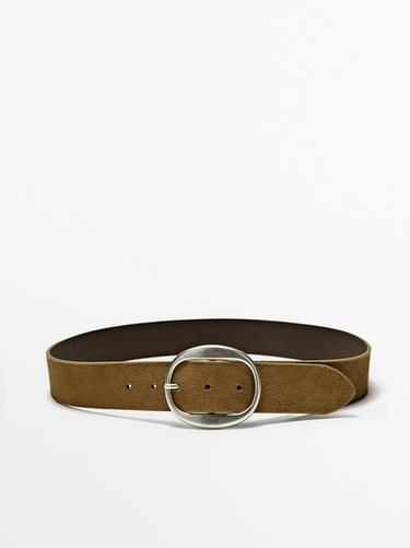 Zara Split suede leather belt with oval buckle - Sand