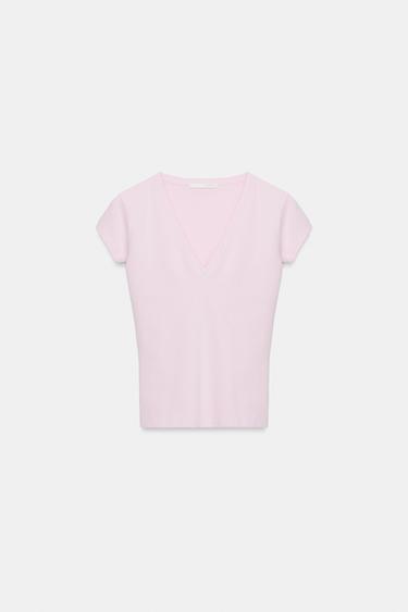 T-SHIRT COL EN V - Rose de Zara - Image 1