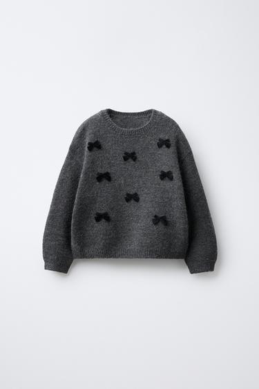 KNIT JUMPER WITH FLOCKING BOWS - Grey marl by Zara