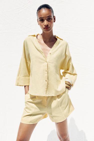 Zara WIDE SLEEVE LINEN SHIRT - Yellow