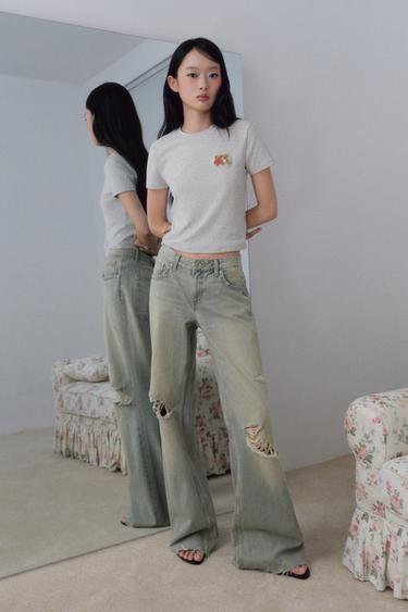 Zara 小熊刺繡短版 T 恤 - 斑紋灰色