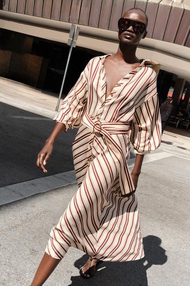 Zara STRIPED BELTED MIDI DRESS - Ecru / Maroon
