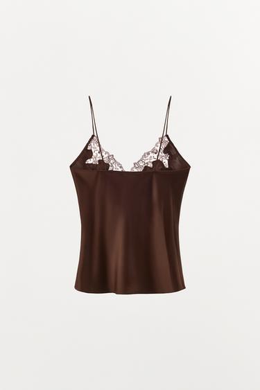 SATIN TOP WITH EMBROIDERY AND LACE - Brown by Zara - Image 3