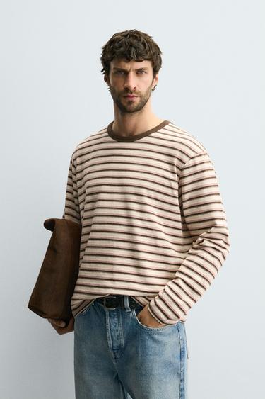 Zara 提花條紋 T 恤 - 米棕色