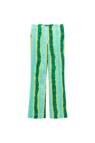 STRIPED LINEN BLEND FLARED TROUSERS