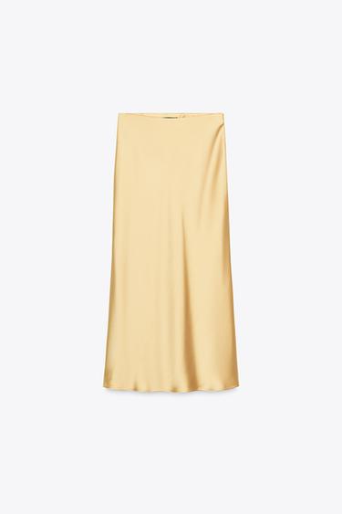 تنورة ميدي بخصر مرن. نسيج بمظهر ساتاني. - أصفر by Zara